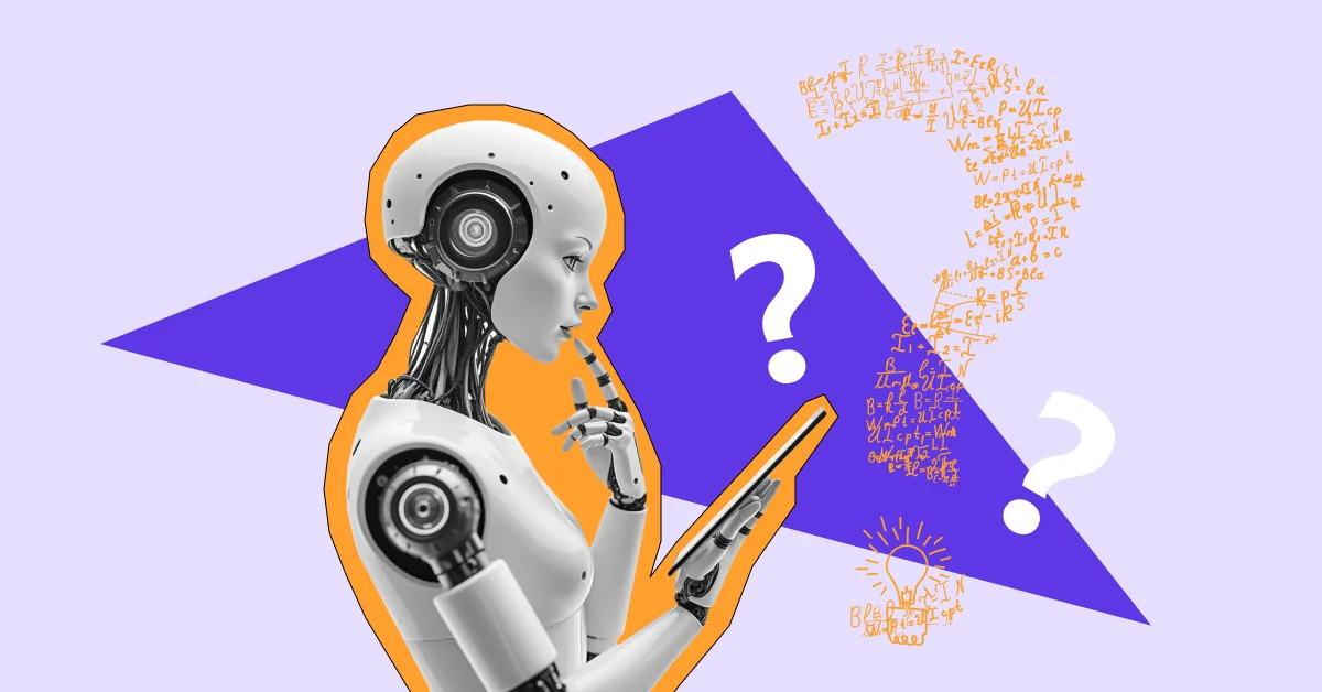 A picture with a robot that thinks and looks at the tablet