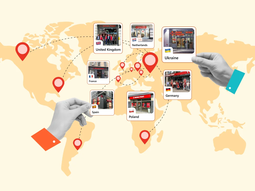 Visualization that emphasizes the international presence of Nova Post