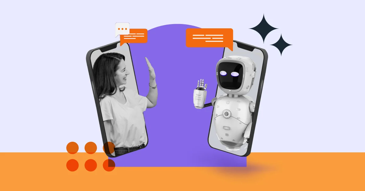 A human and a robot high-five through smartphone screens, symbolizing friendly interaction between humans and artificial intelligence.