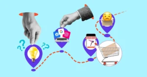 წყვეტილი მრუდი მარკერებით: ნათურა და კითხვის ნიშნები, ლეპტოპი, საყიდლების კალათა ყუთით და ყუთი ემოჯის გამოსახულებით.