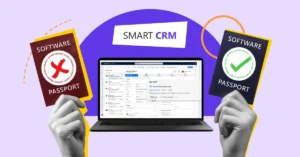 An image of a laptop and two software passports, symbolizing the choice between safe and unsafe software