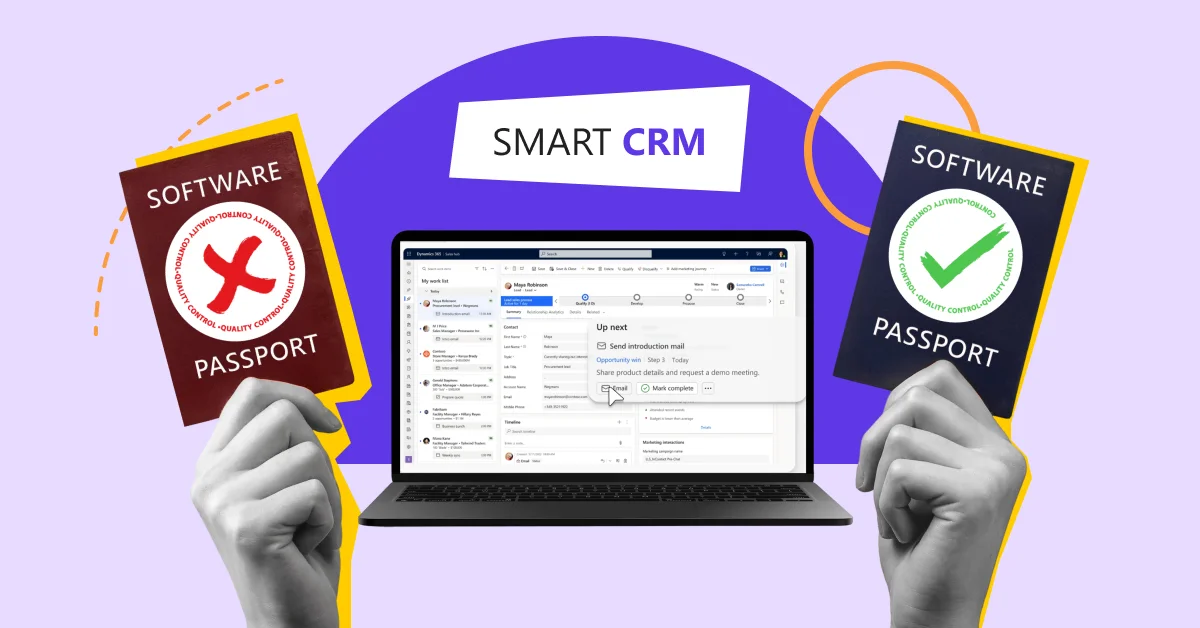 An image of a laptop and two software passports, symbolizing the choice between safe and unsafe software