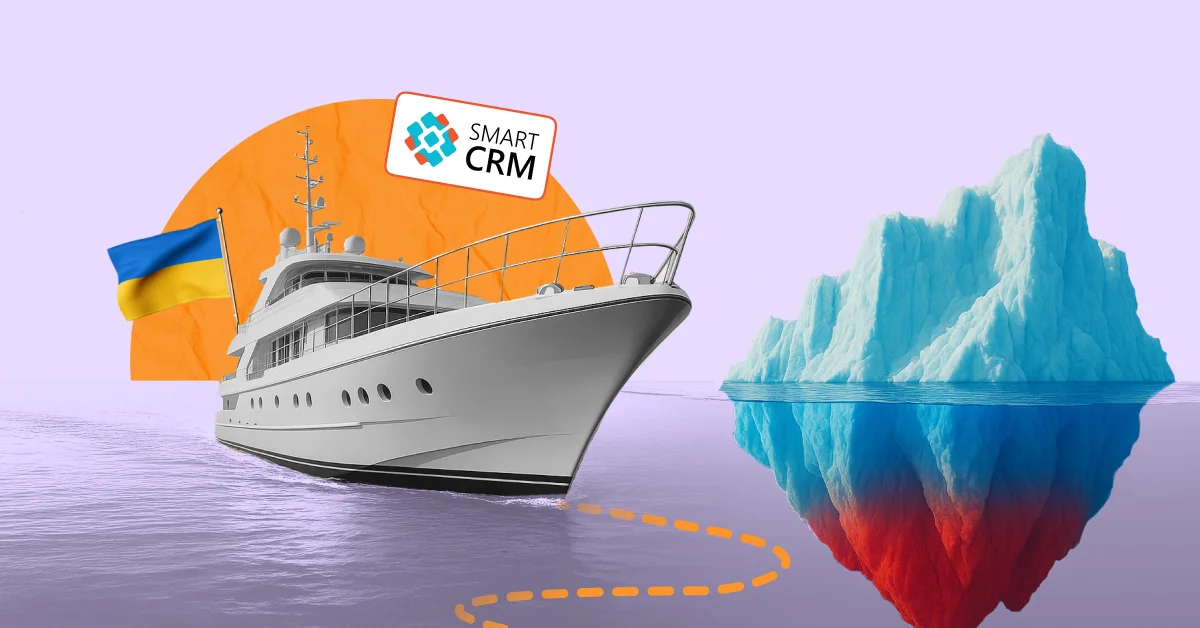 An image of a boat under the Ukrainian flag avoiding a dangerous iceberg colored like the russian tricolor; this symbolizes choosing the right 