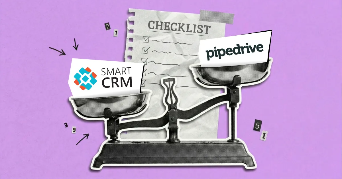 Зображення терезів, де чаша з рішенням «SMART CRM» переважає чашу з рішенням «Pipedrive»